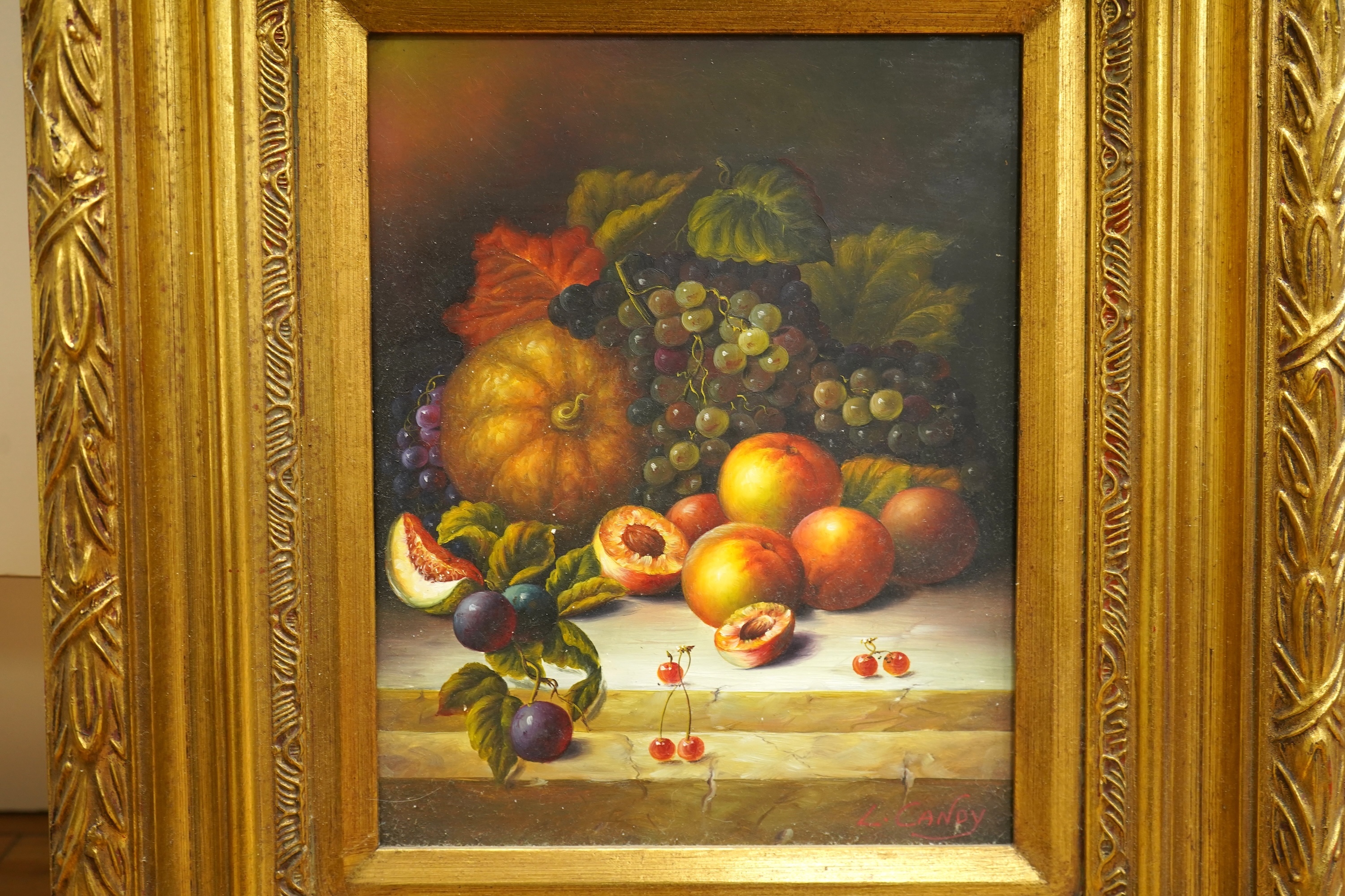 L Candy, Old Master style, Still lifes of fruit and vessels, set of four decorative oils on board, each 25 x 19cm, ornate gilt frames